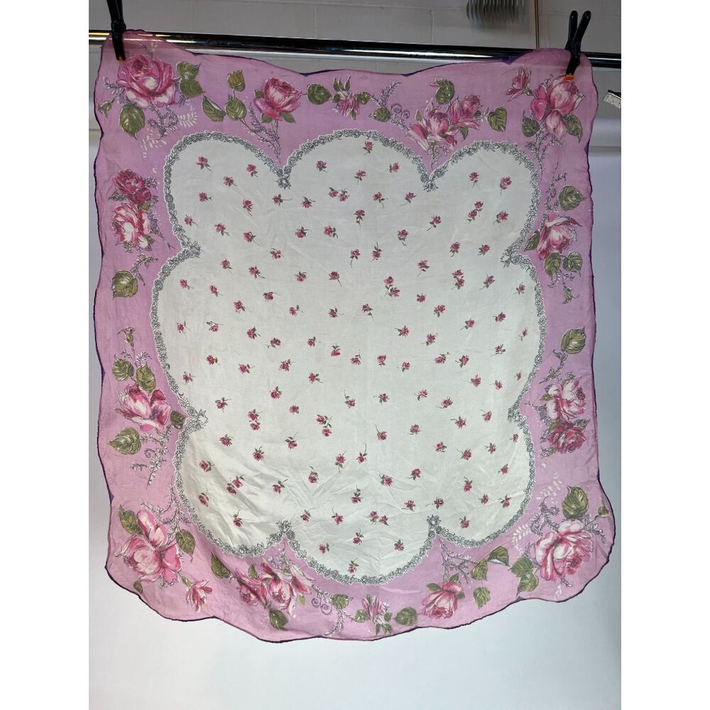 Vintage 60s Floral Handkerchief Scarf Pink & White Delicate Print - Picture 3 of 16